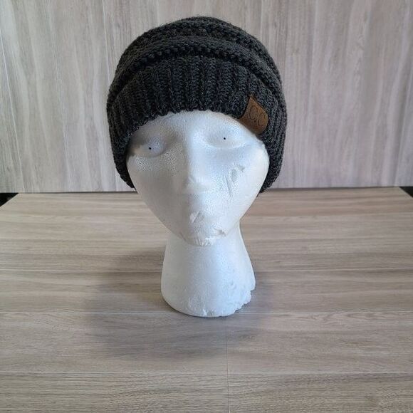 Dark Gray Knit Ponytail Beanie Ribbed Winter Hat w/ Top Opening for Hair - Picture 2 of 5